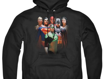 JUSTICE LEAGUE OF AMERICA : ROLL CALL ADULT PULL-OVER HOODIE BLACK 5X on Sale